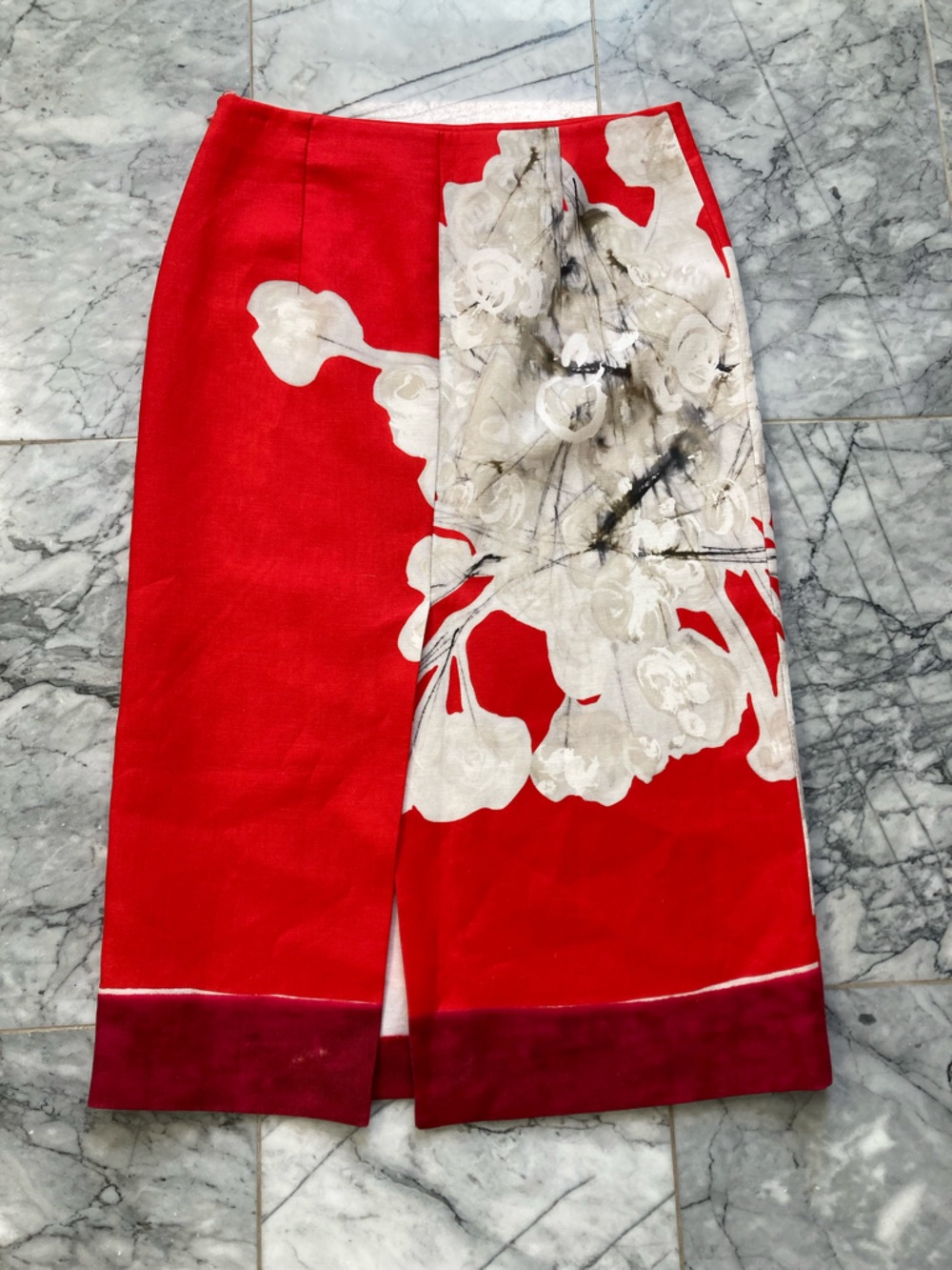 ZARA Red White Floral Linen Cotton Pencil Skirt - Picture 4 of 11